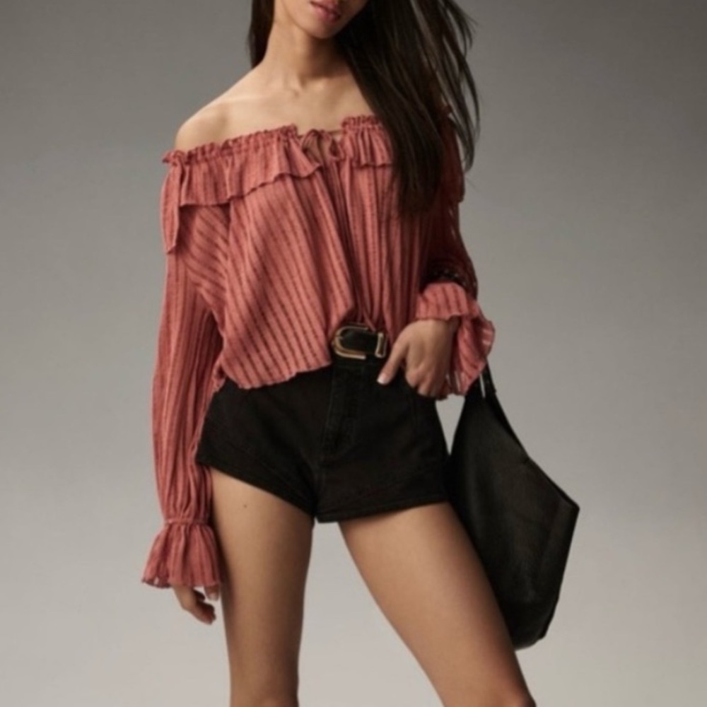 By Anthropologie Boho Ruffle Peasant Off Shoulder Blouse Top Sheer Rose Sz XS
